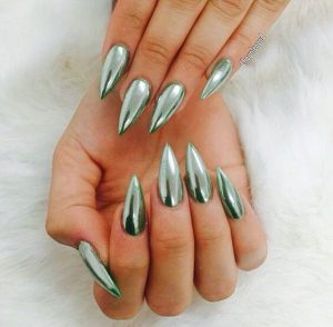 Extra Pointed Green Chrome Nails