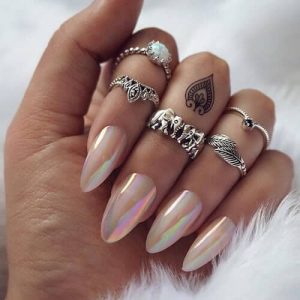 Long Iridescent White Opal Nails