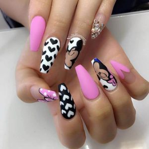 Coordinating Black, Pink, And Disney Nail Art Designs