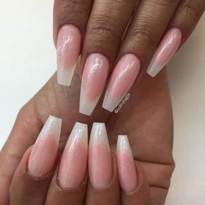 Long Pink Nail Design With A Fun White Fade