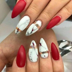 Red Acrylic Nails with White and Gold
