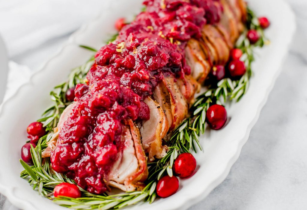 Bacon-Wrapped Pork Loin with Cherries